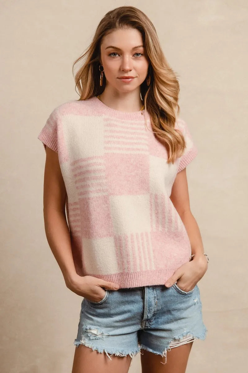 BiBi Blush & Ivory Checker With Stripes Pattern Sleeveless Sweater BLUSH IVORY