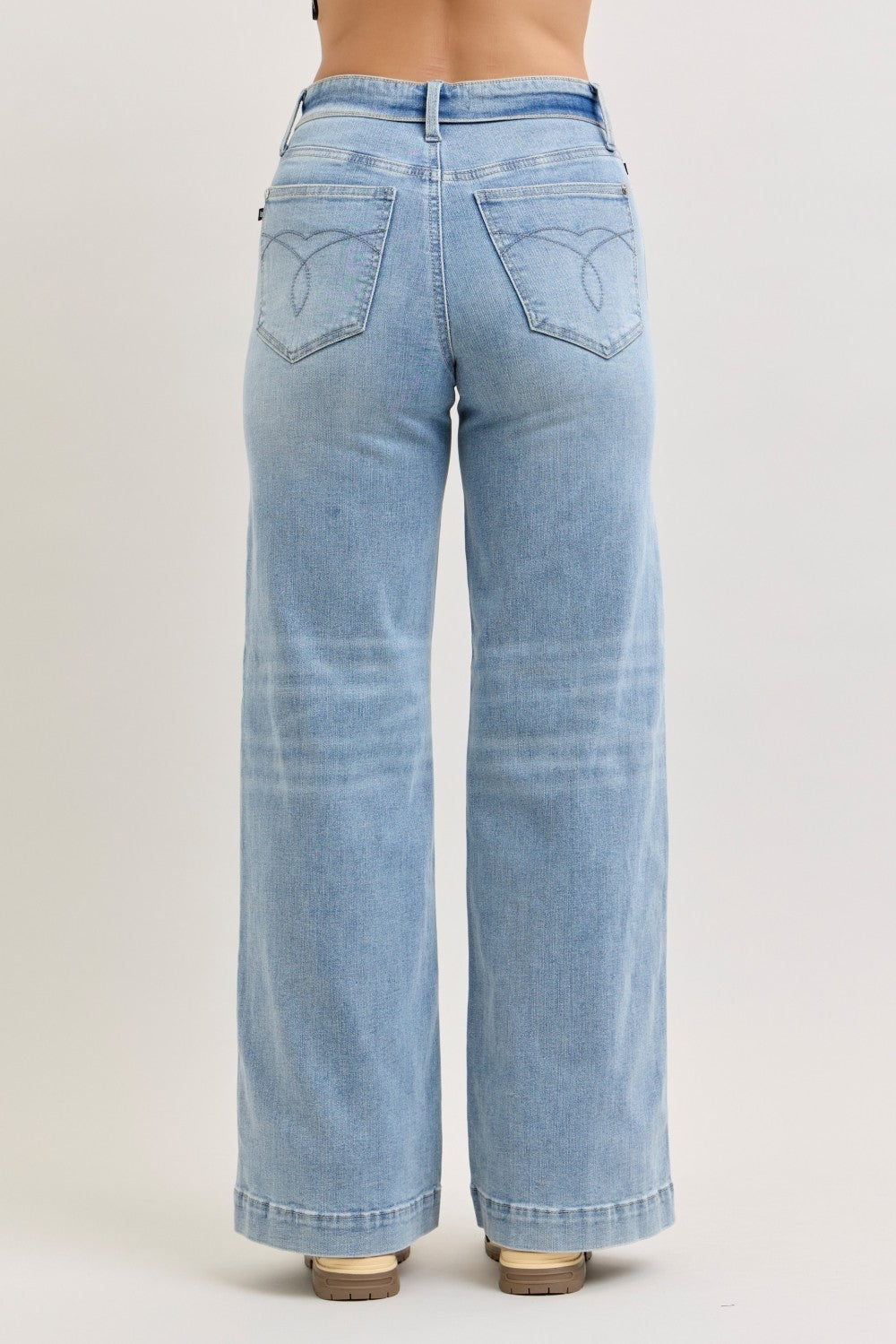 Judy Blue Light Washed Mid Rise Retro Wide Leg Jeans with Fold-over Waistband