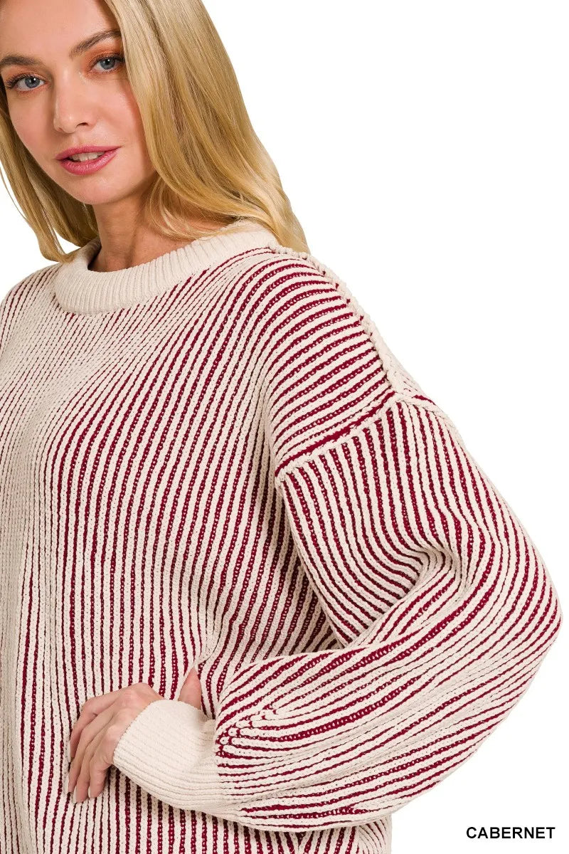 Zenana Cabernet Two Tone Crewneck Sweater