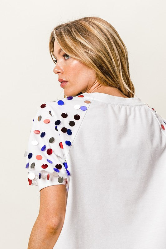 BiBi Metallic Letter Spangle Raglan Puff Sleeve Top