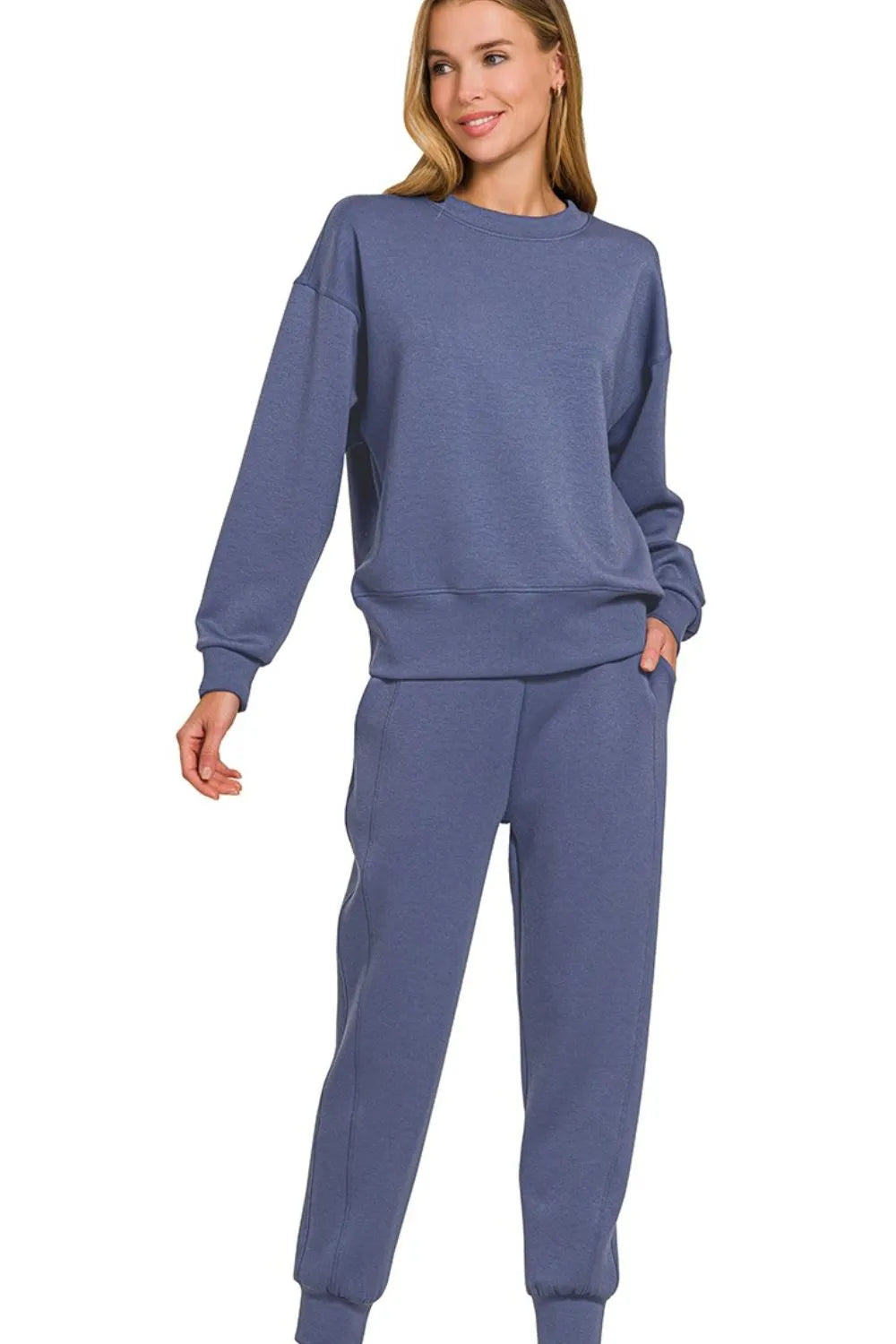 Zenana Blue Indigo Scuba Crewneck Pullover & Joggers 2 Pieces Set BLUE INDIGO