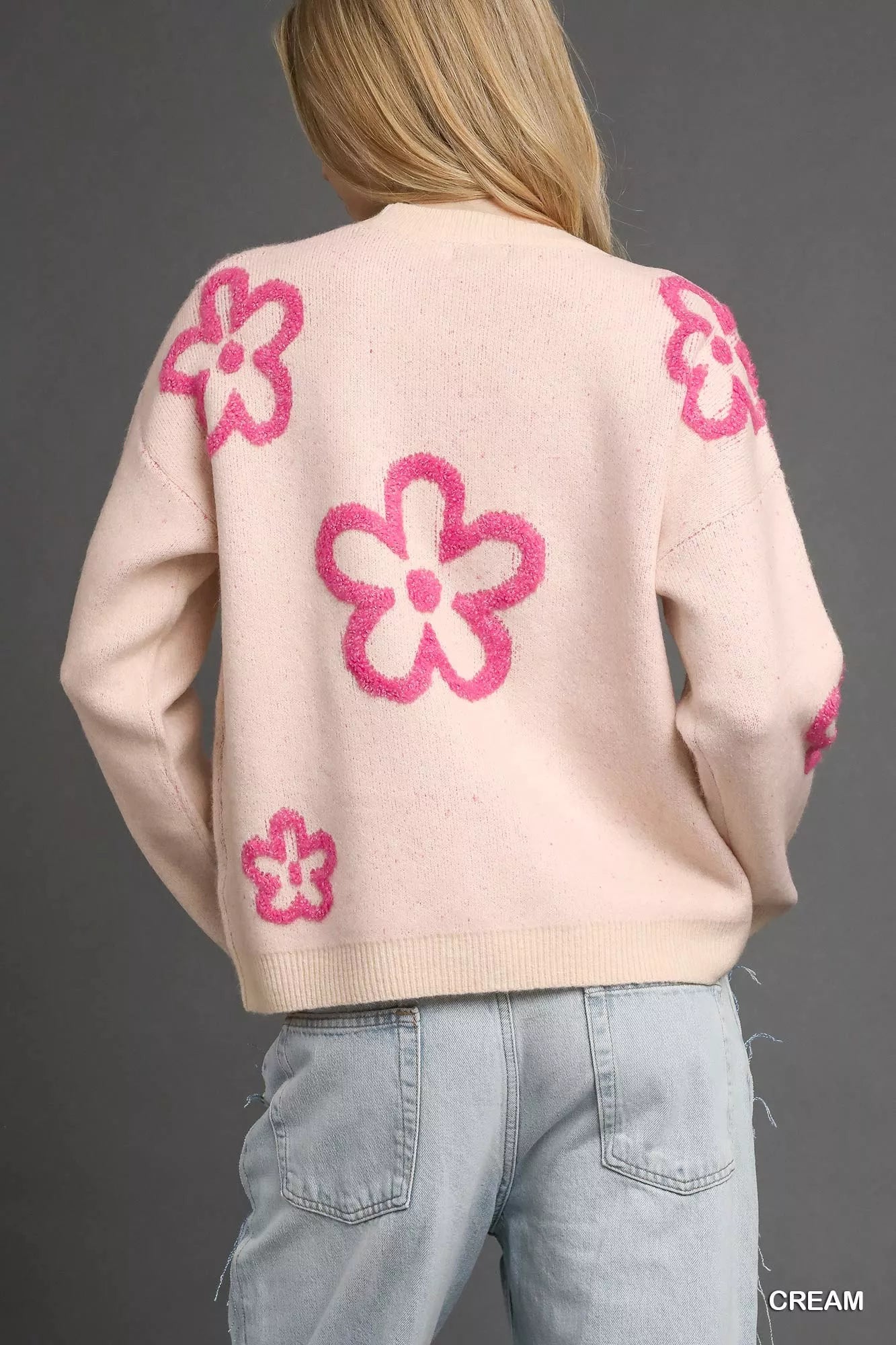 Umgee Cream & Pink Round Neck Sweater with Pink Floral Accents