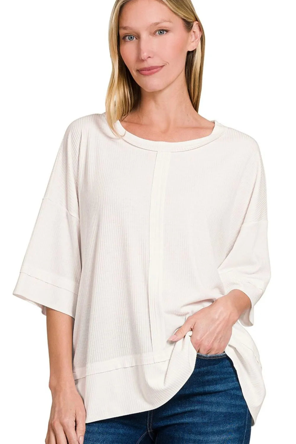 Zenana Off White Ribbed Boat Neck 3/4 Sleeve Top OFF WHITE