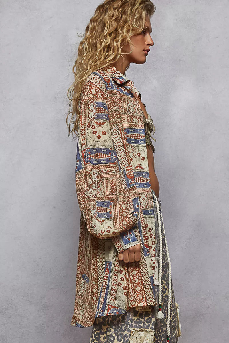 POL Boho Printed Button Down Balloon Sleeve Oversized Shirt