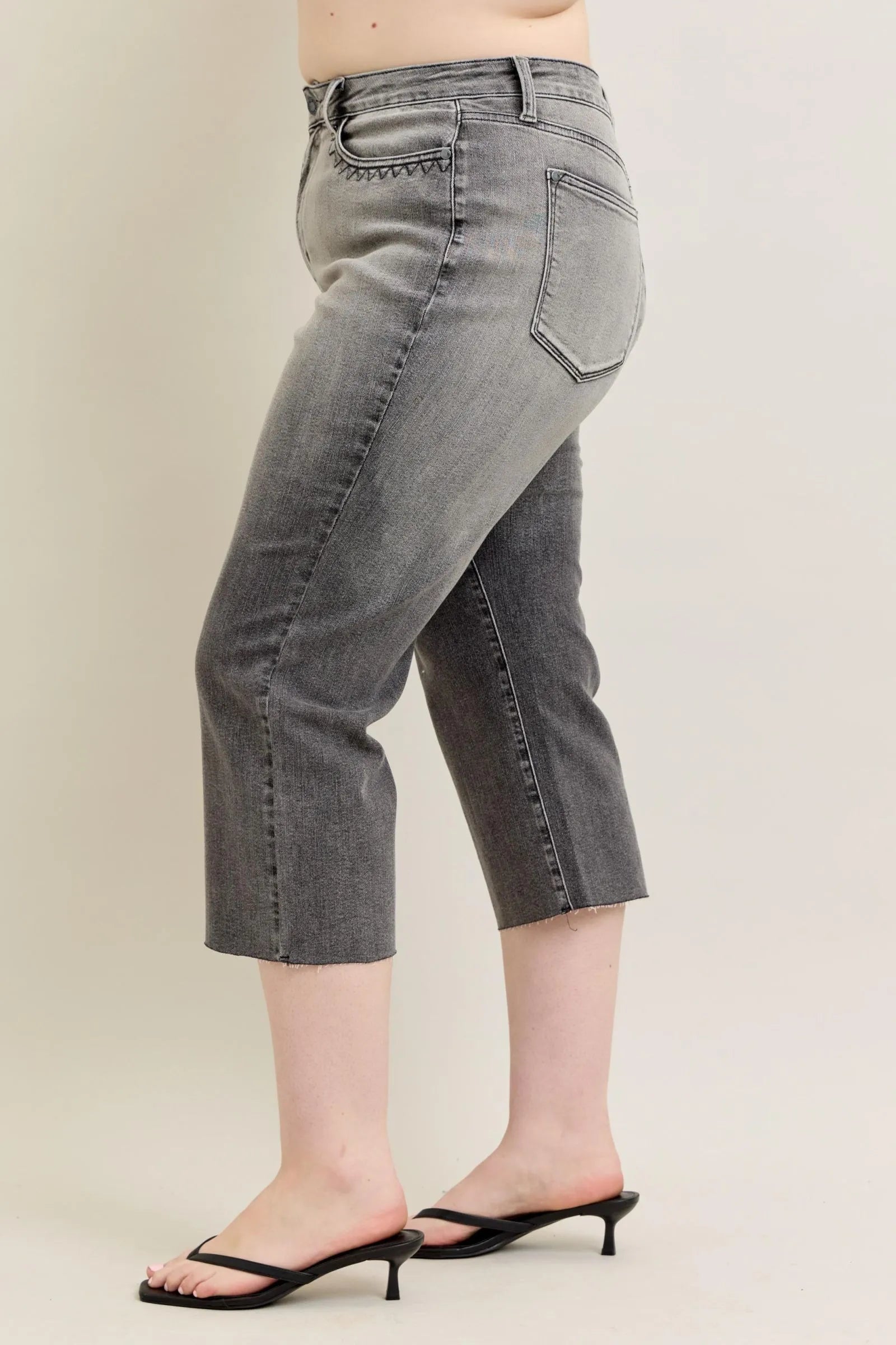 Judy Blue Grey Washed High Waist Front Pocket Embroidered Wide Cropped Leg Denim Jeans