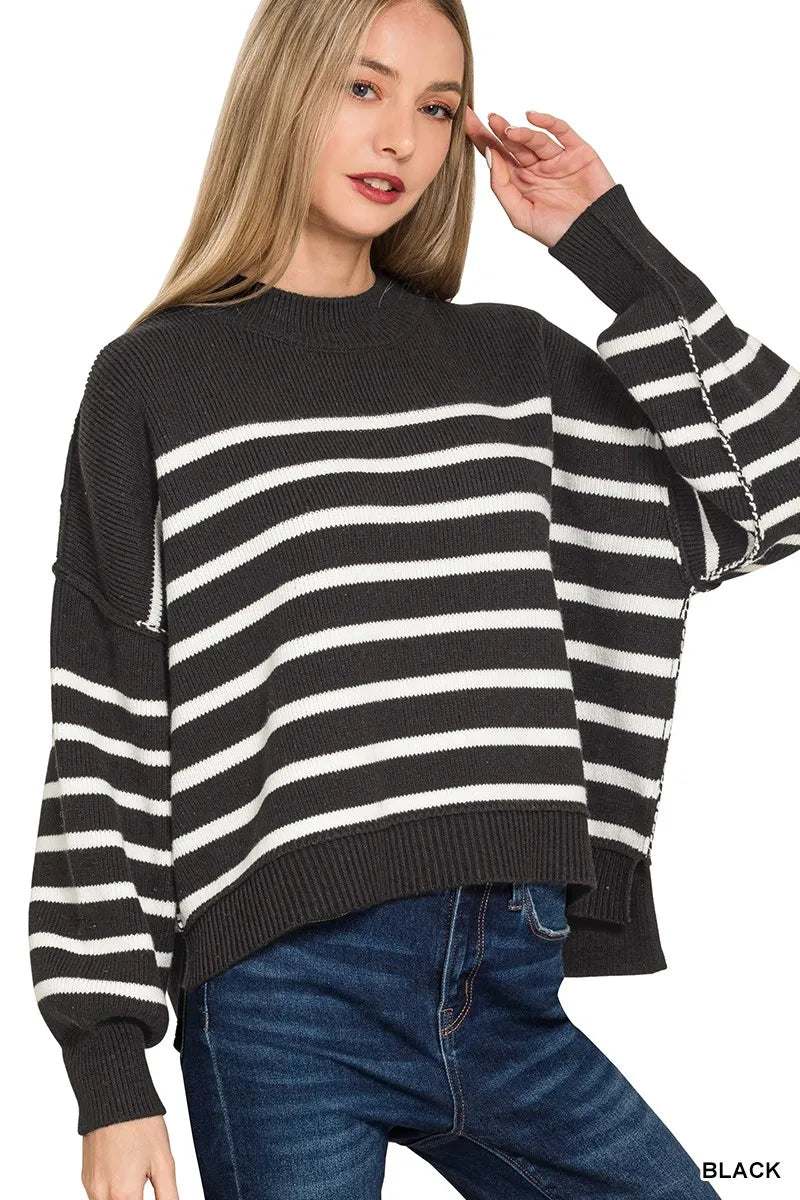 Zenana Black Exposed Seam Striped Oversized Sweater BLACK