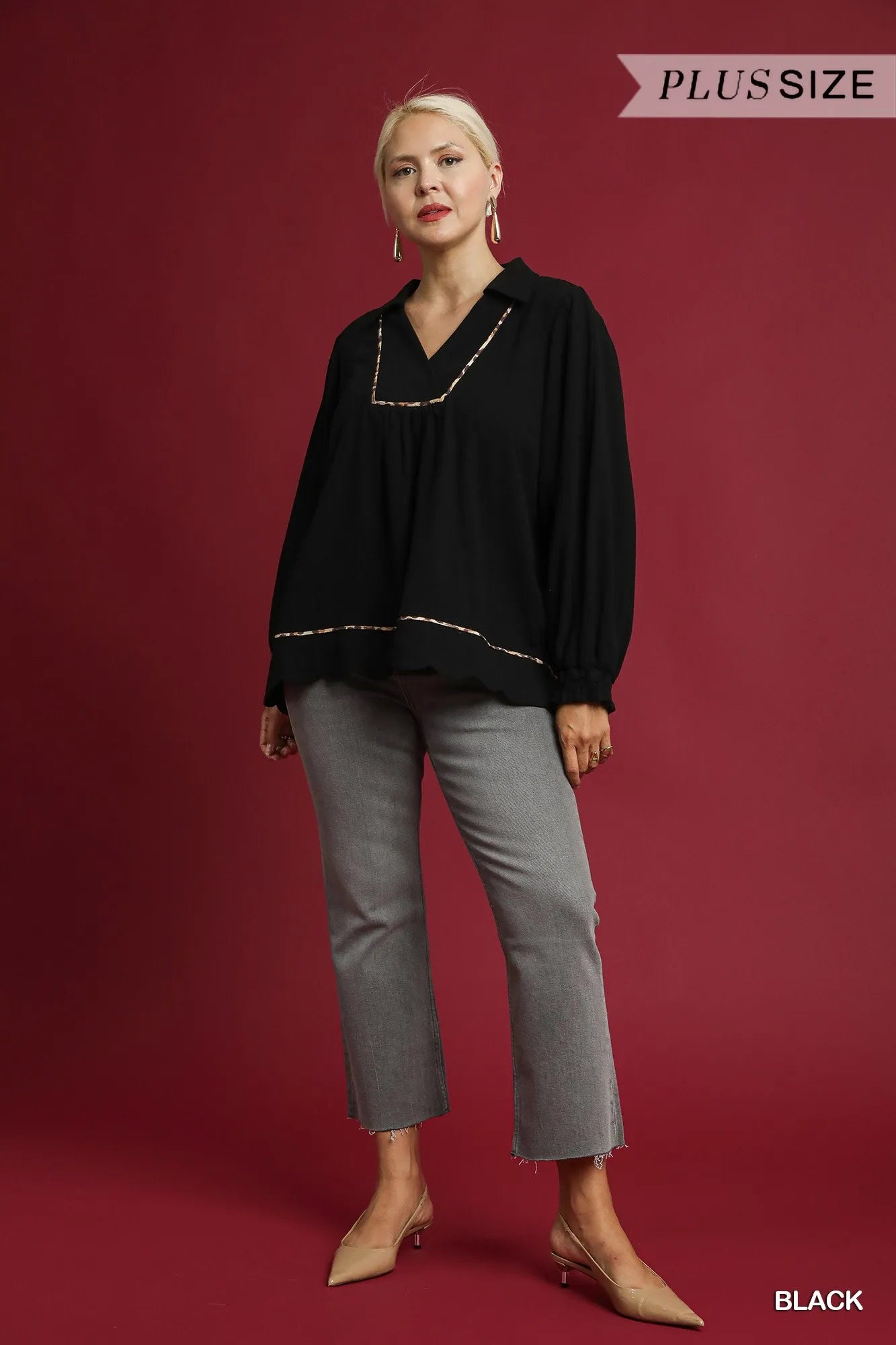 Umgee Black Linen Scallop Hem Blouse with Contrast Trim