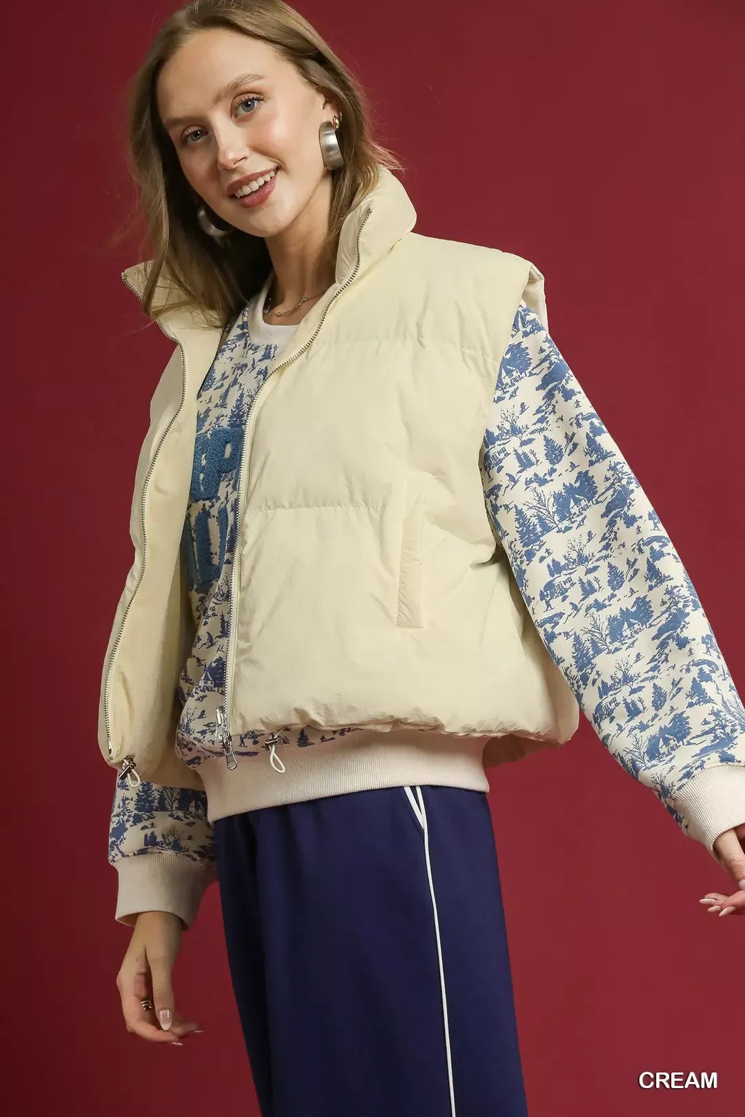 Umgee Cream High Neck Puffer Vest with Zip Front