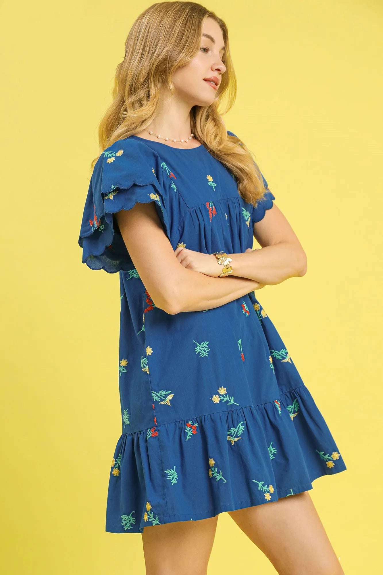 Umgee Floral Embroidered Short Flutter Sleeve Mini Dress