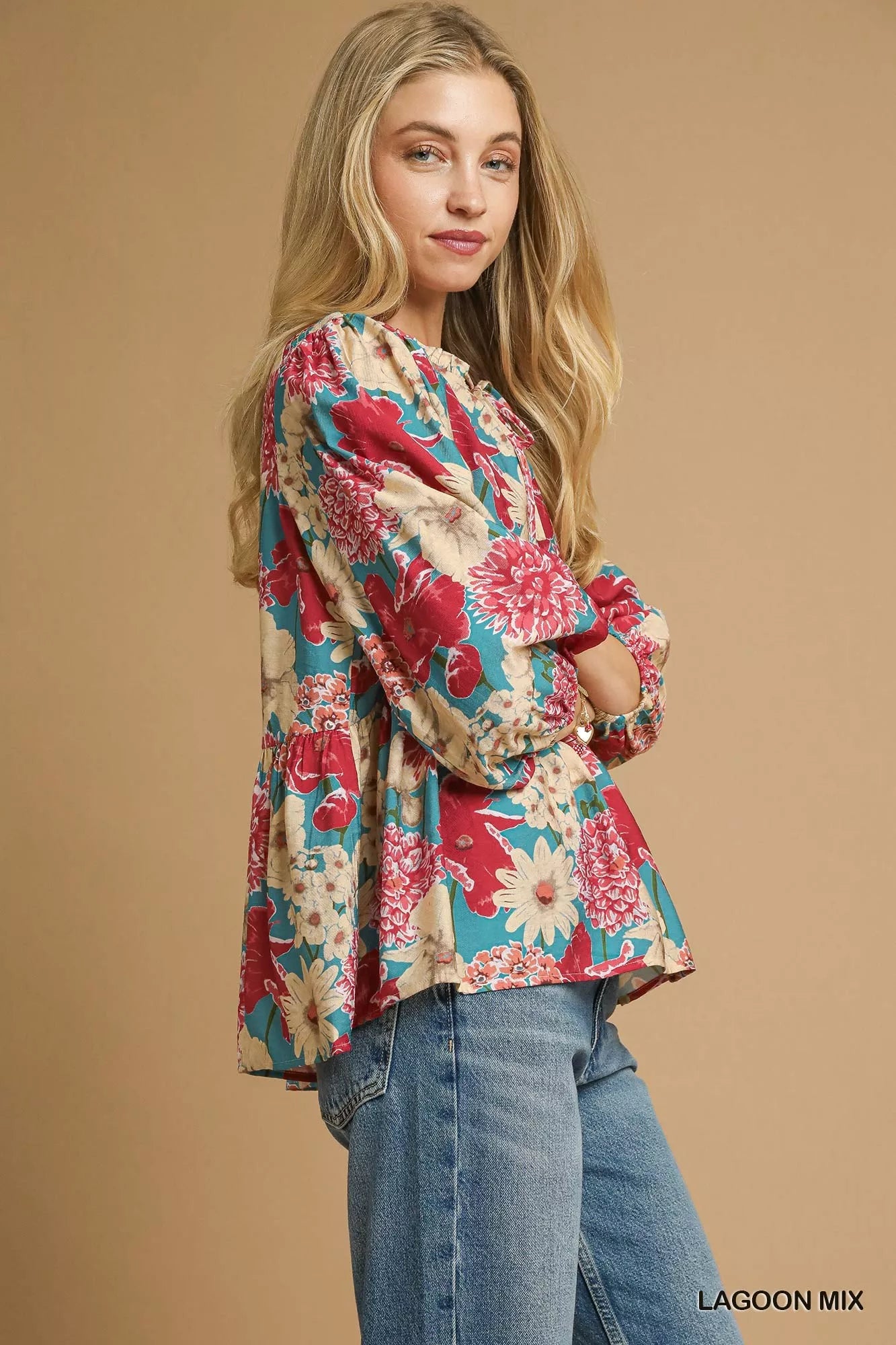 Umgee Lagoon Mix Floral Peplum Blouse with Tie Neck