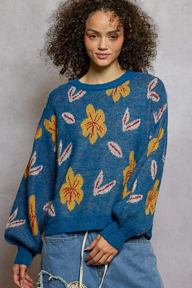 POL Lapis Blue Floral Pattern Round Neck Balloon Sleeve Sweater LAPIS BLUE