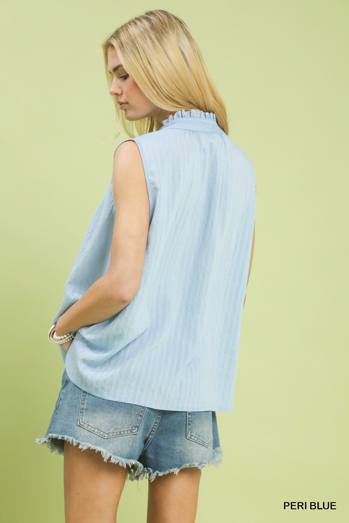 Umgee Peri Blue Sleeveless Textured Split Neck Blouse