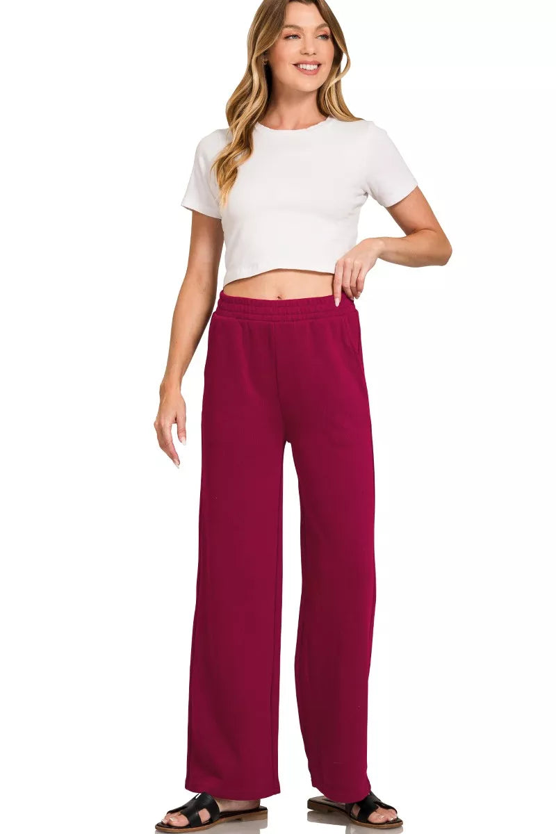 Zenana Dark Burgindy French Rib Pullover and Pants Set
