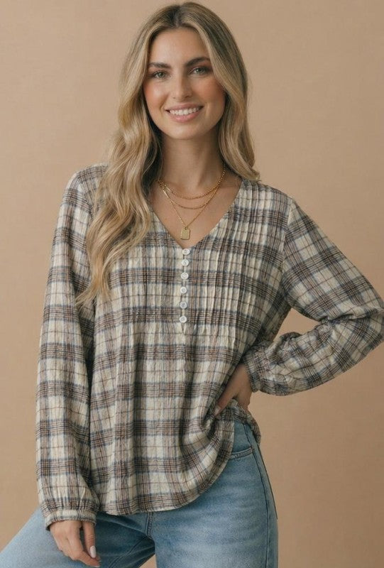 Haptics All in Check Pintuck Button Front Blouse in Oatmeal