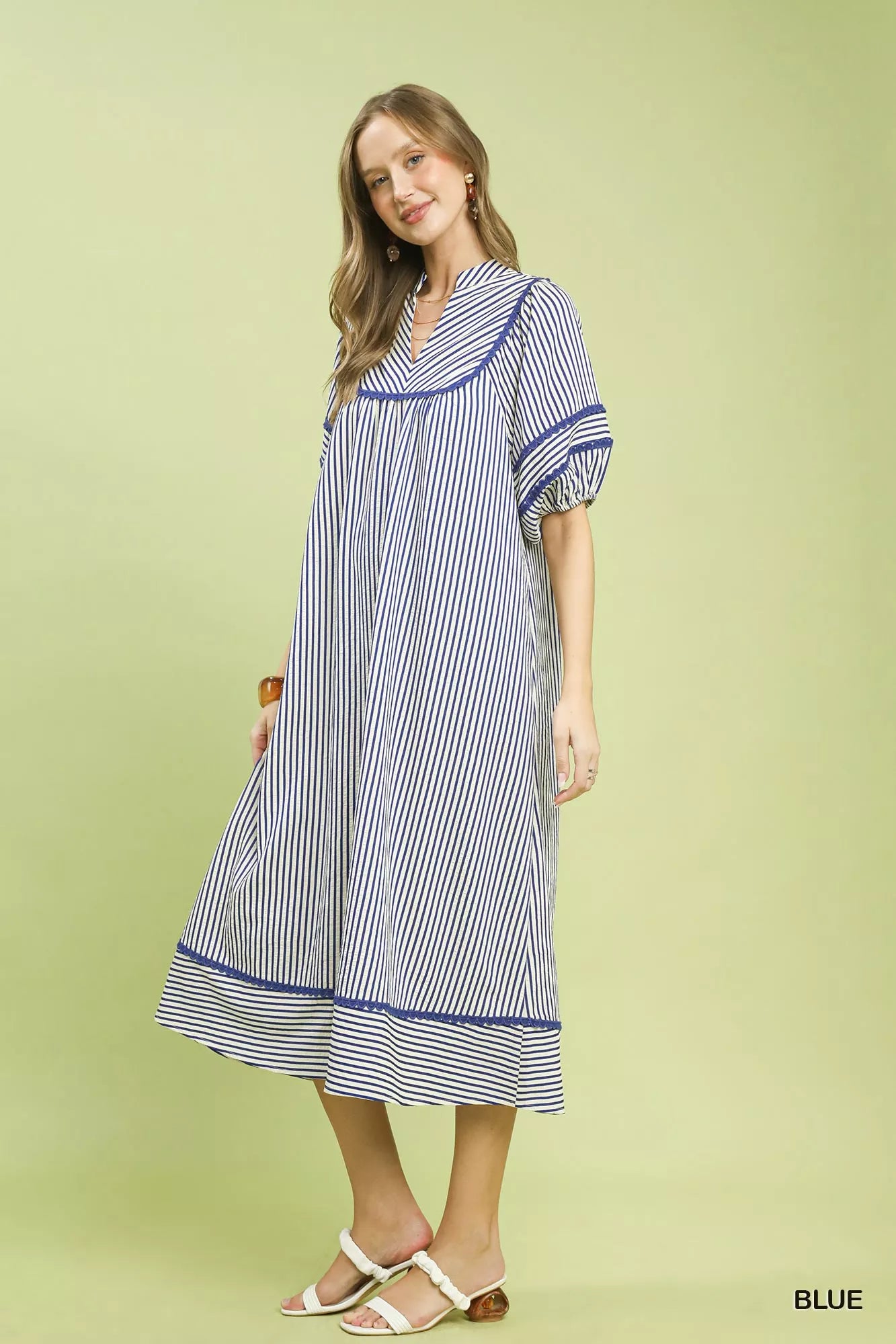 Umgee Blue Striped Puff Sleeve Midi Dress