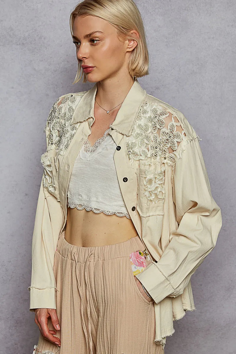 POL Oat Milk Button Down Raw Edge Shirt with Pearl Lace Patch
