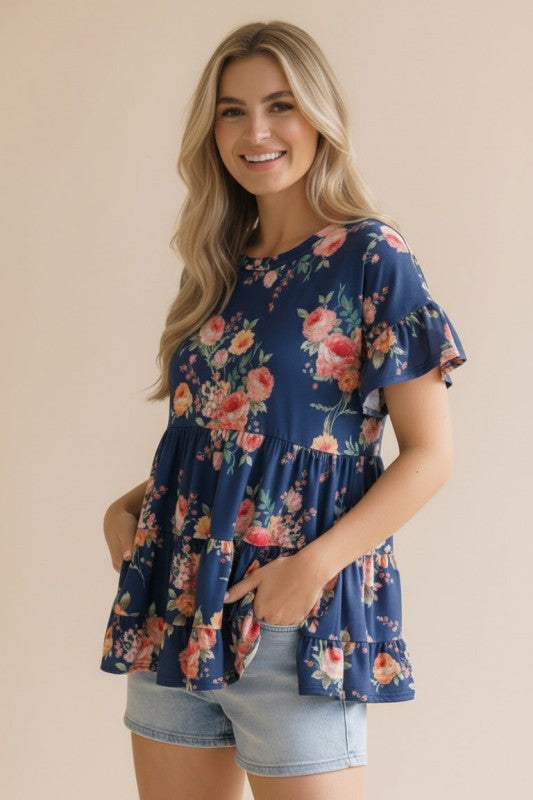 Haptics Frill Hem Babydoll Swing Floral Knit Top
