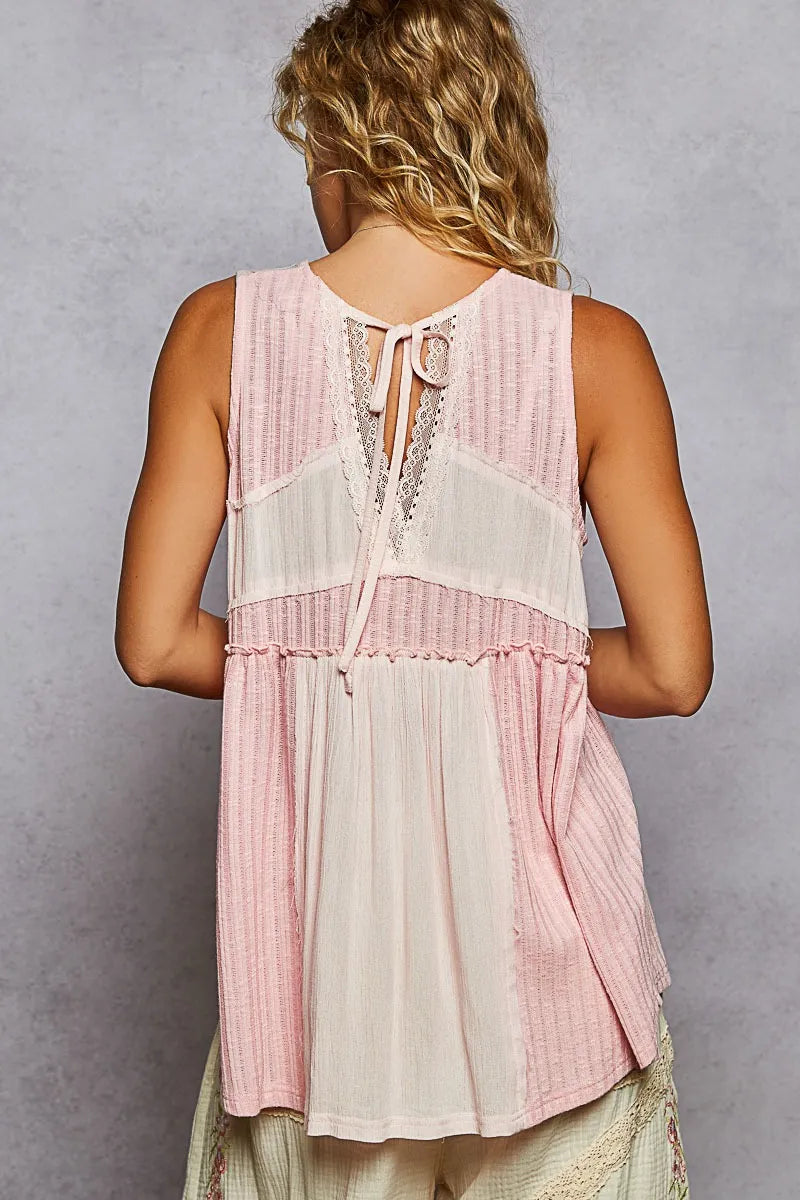POL Pink Lace Trim Two-Tone Babydoll Tank with Pintuck Detail