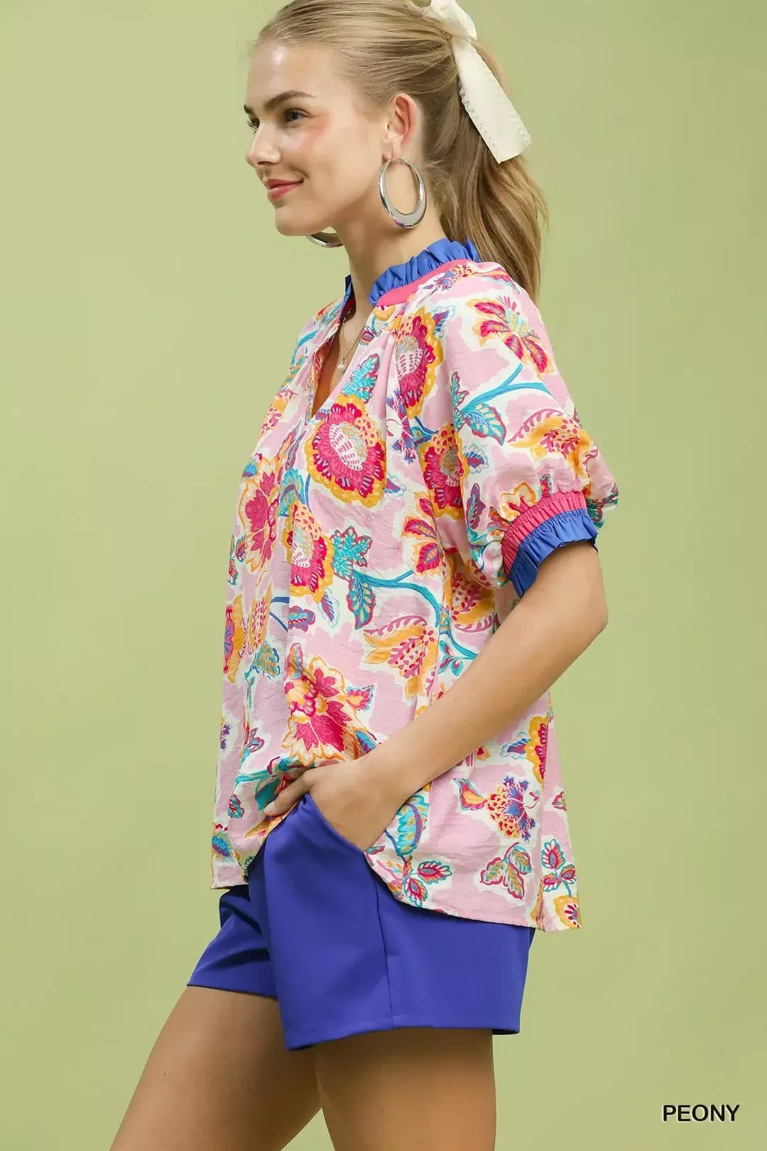Umgee Peony Floral Print Ruffled Short Sleeve Blouse