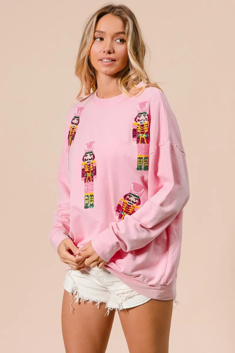 BiBi Light Pink Sequin Nutcrackers Embroidery Christmas Sweatshirt