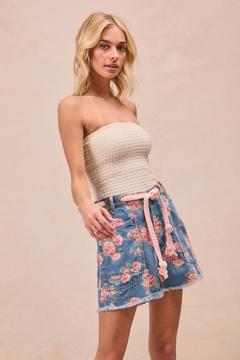 BiBi Braided Waist Belt Patch Pockets Floral Print Denim Shorts
