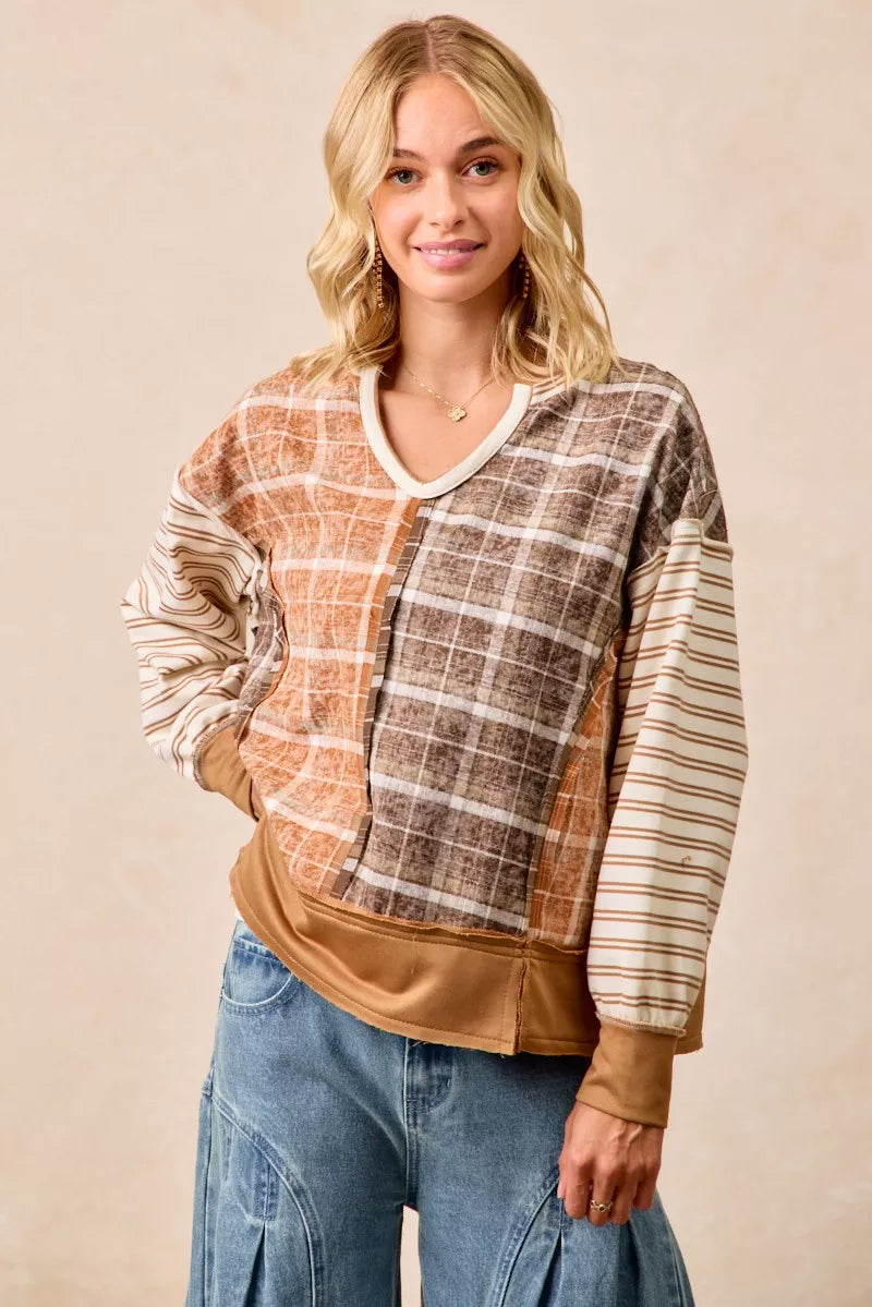 BiBi Plaid And Stripe Mix And Match Top With Open Seam