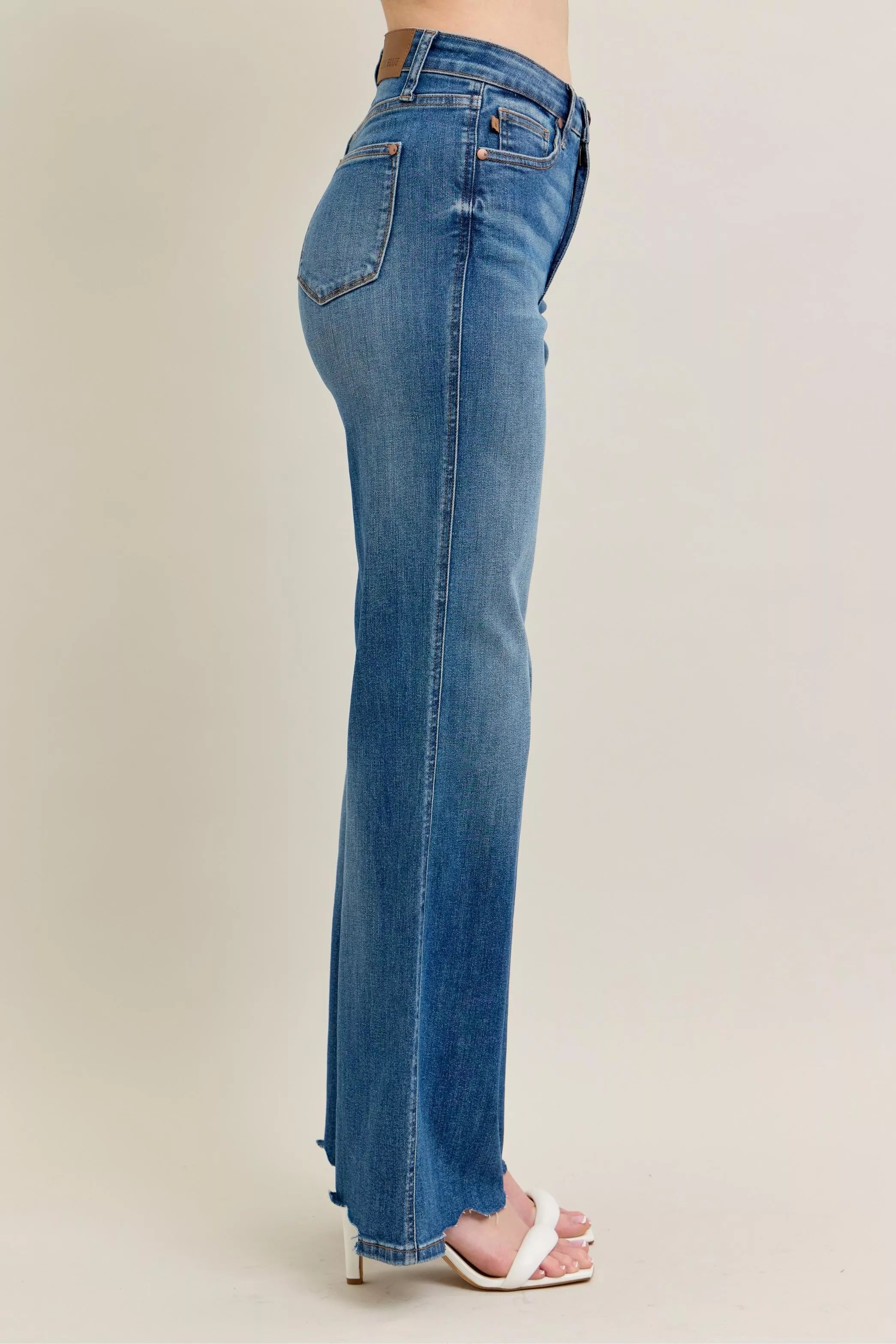 Judy Blue Medium Washed High Waist Tummy Control Chew Hem Destroyed Wide Jeans