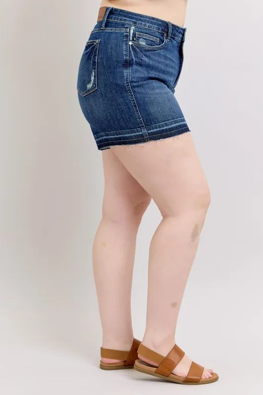 Judy Blue Plus Size Dark Washed HW Tummy Control Destroy Release Hem Denim Shorts