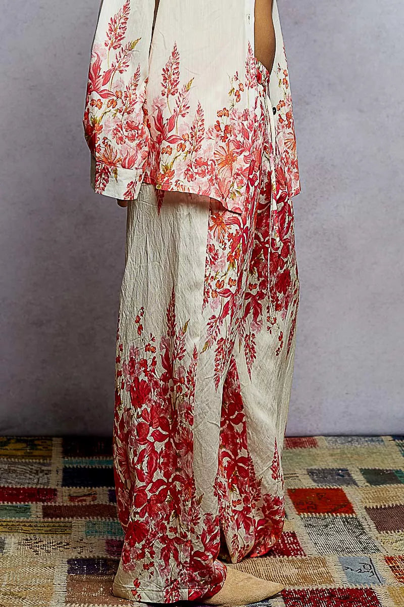POL Ivory & Pink Floral Printed Woven Wide Leg Drawstring Pants