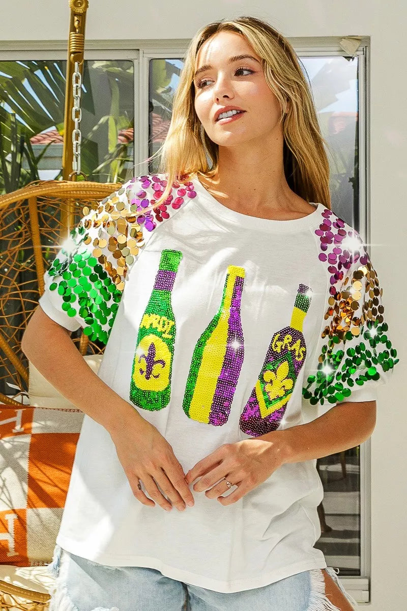 BiBi Sequin Mardi Gras Bottles Spangled Sleeve Top
