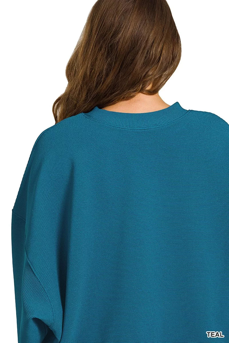 Zenana Teal Ribbed Round Neck Pullover and Drawstring Pants Set