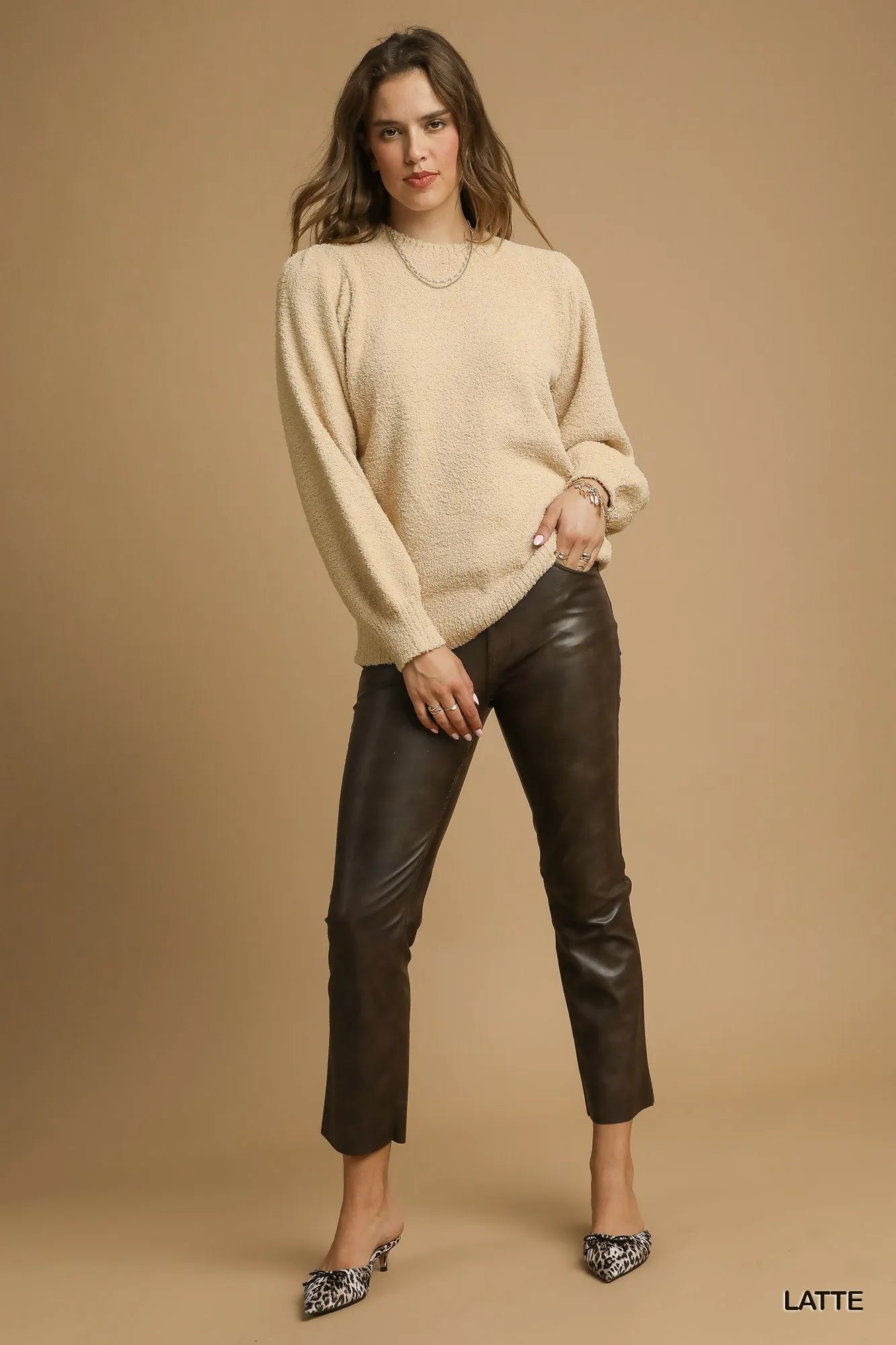 Umgee Latte Cozy Textured Long Sleeve Sweater with Ribbed Trim