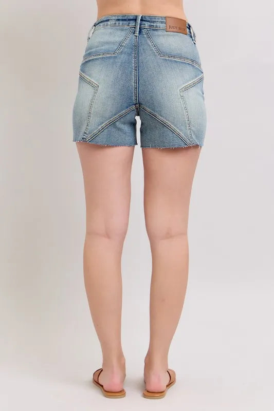 Judy Blue Medium Washed High Waist Star Seam Detail Denim Shorts
