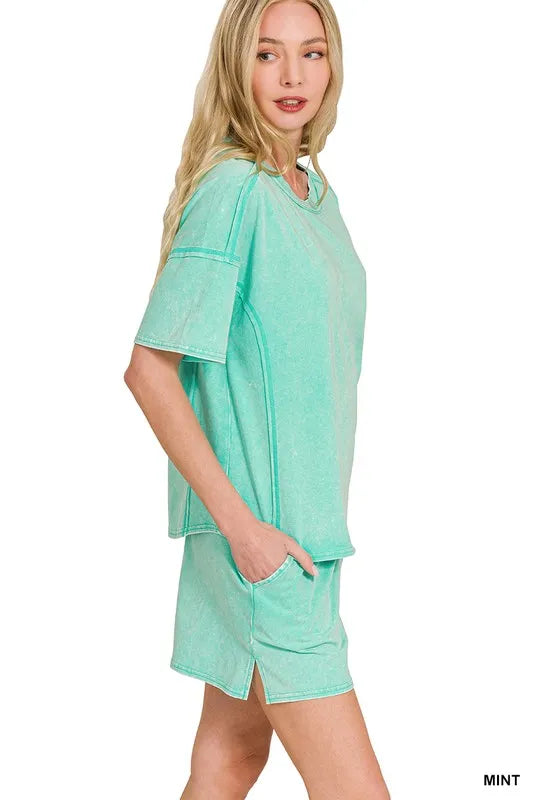 Zenana Ash Black Acid Washed Short Sleeve Tee & Shorts Set