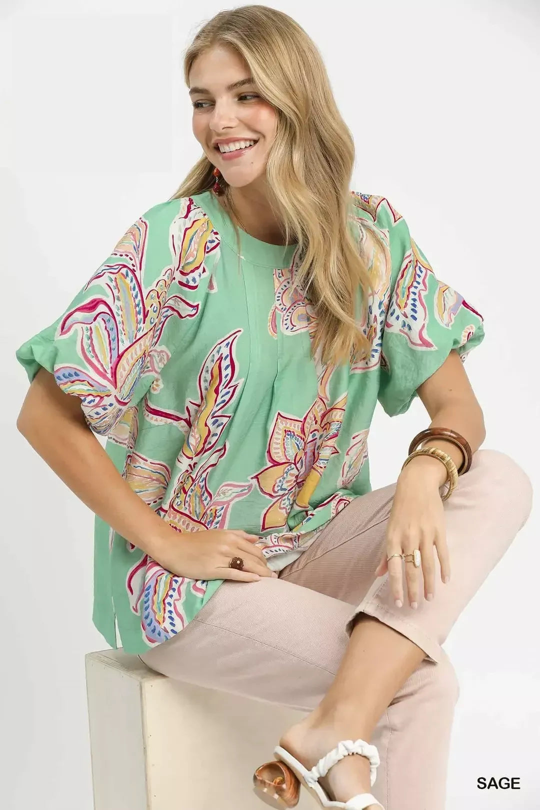 Umgee Sage Paisley Print Puff Sleeve Blouse