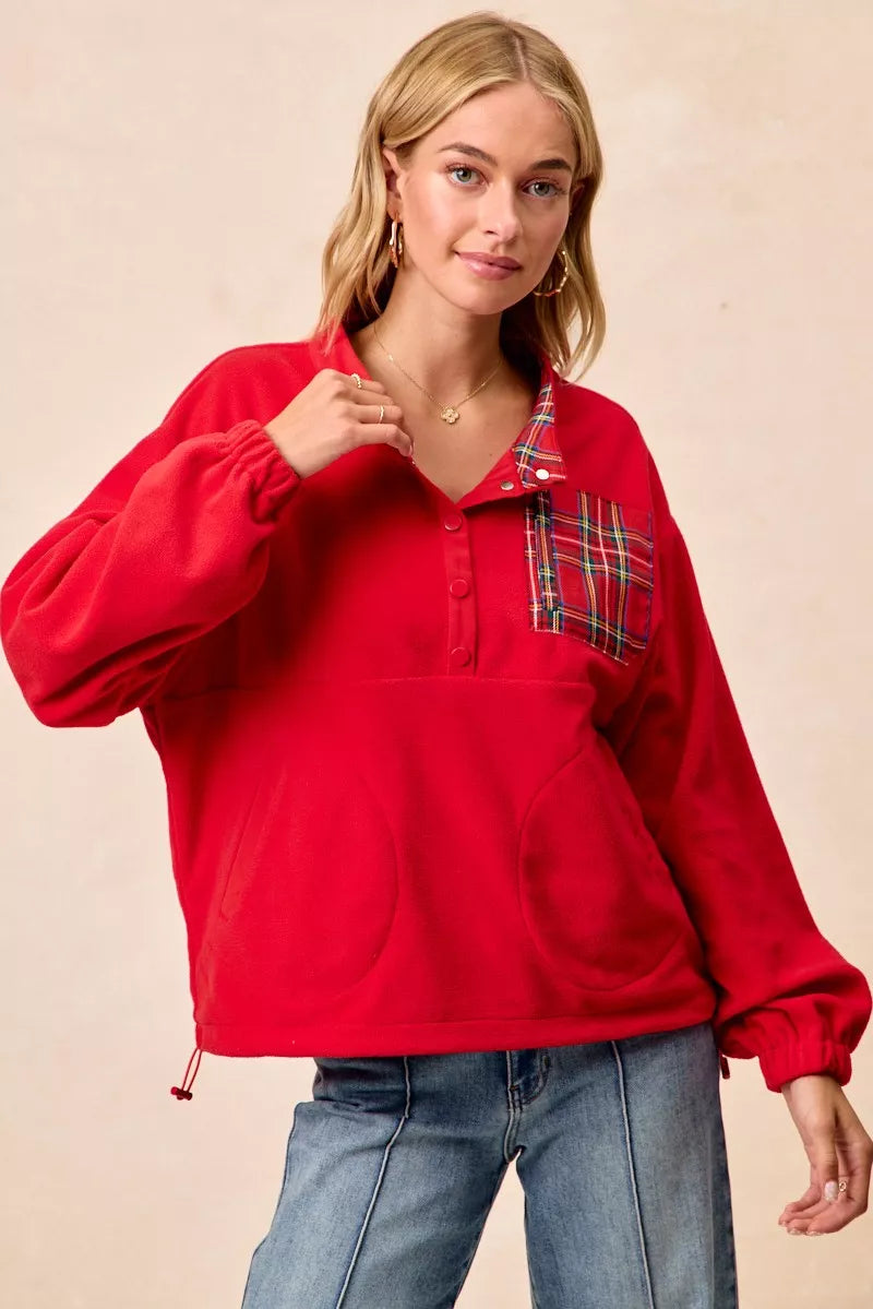 BiBi Red Christmas Theme Fleece Buttoned Top with Pockets RED