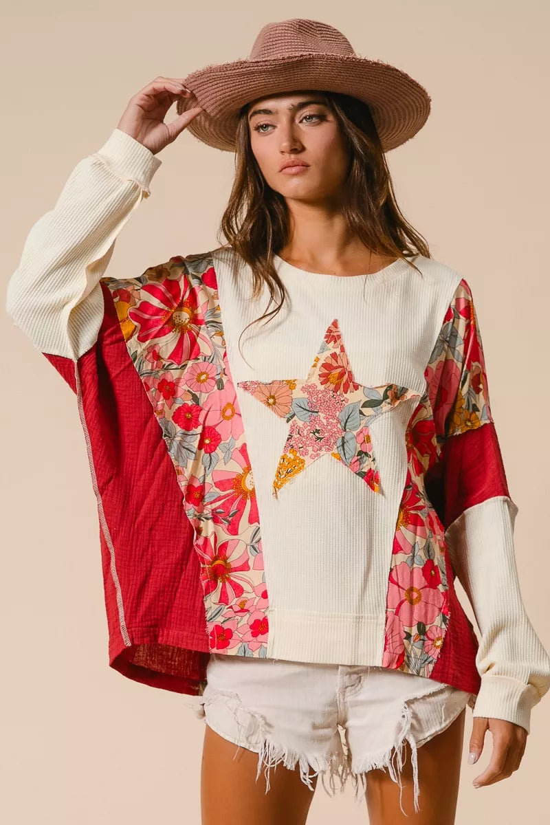 BiBi Floral Print Mixed Star Patch Round Neck Sweatshirt
