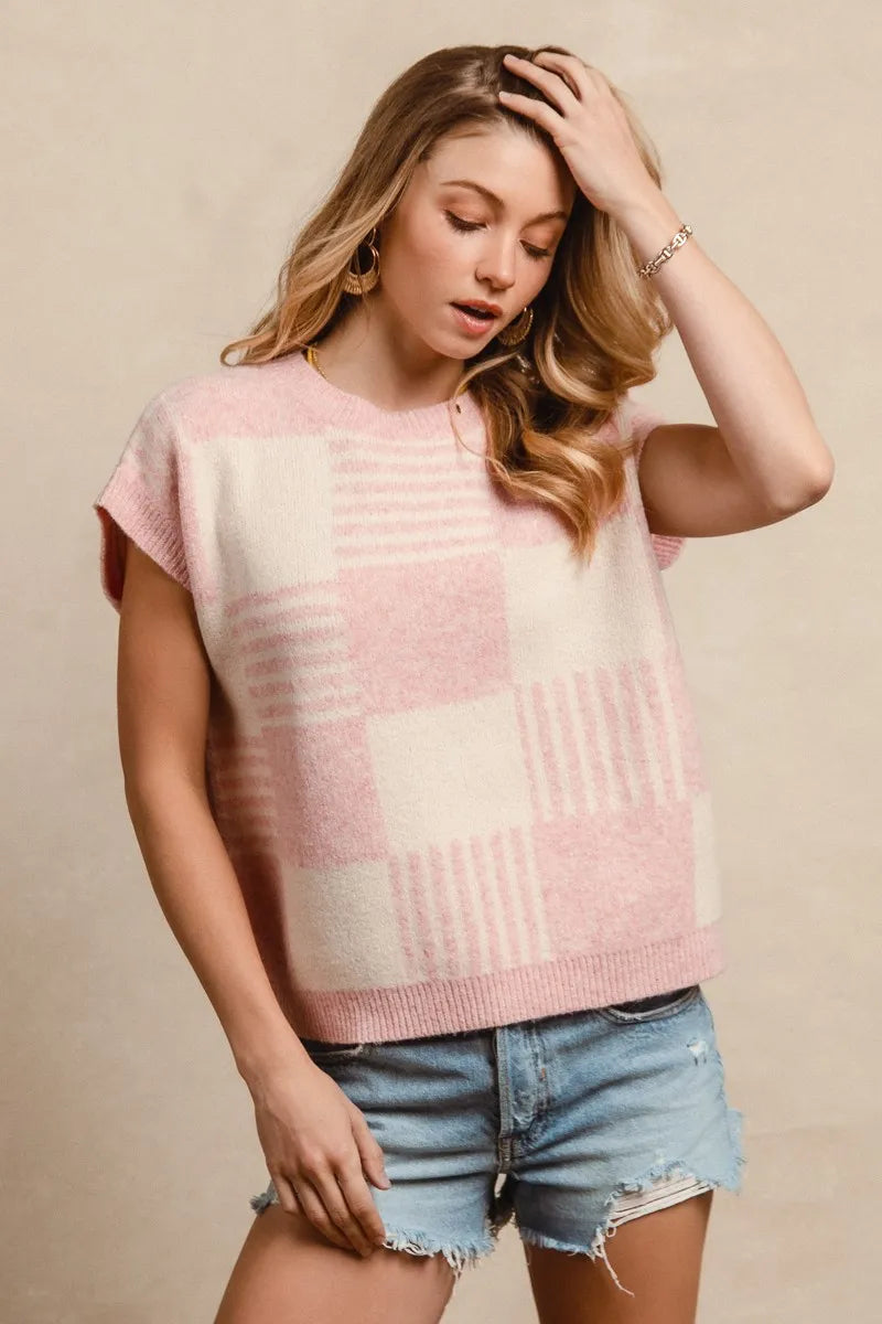 BiBi Blush & Ivory Checker With Stripes Pattern Sleeveless Sweater