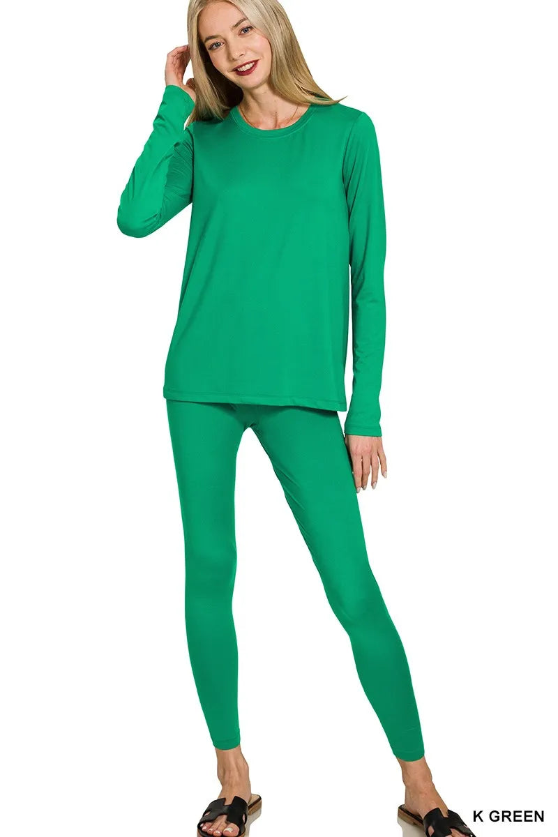 Zenana Kelly Green Microfiber Round Neck Top and Leggings Set