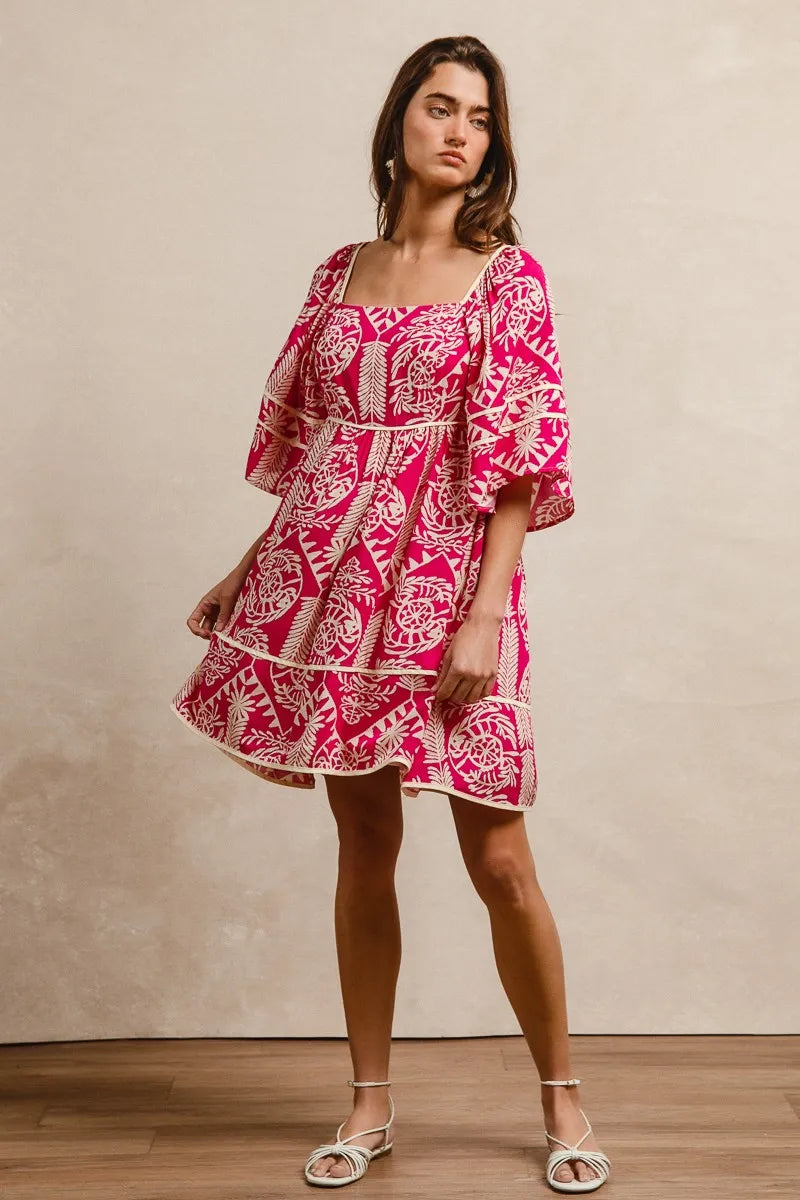 BiBi Fuchsia Aztec Woven Printed Contrast Binding Dress