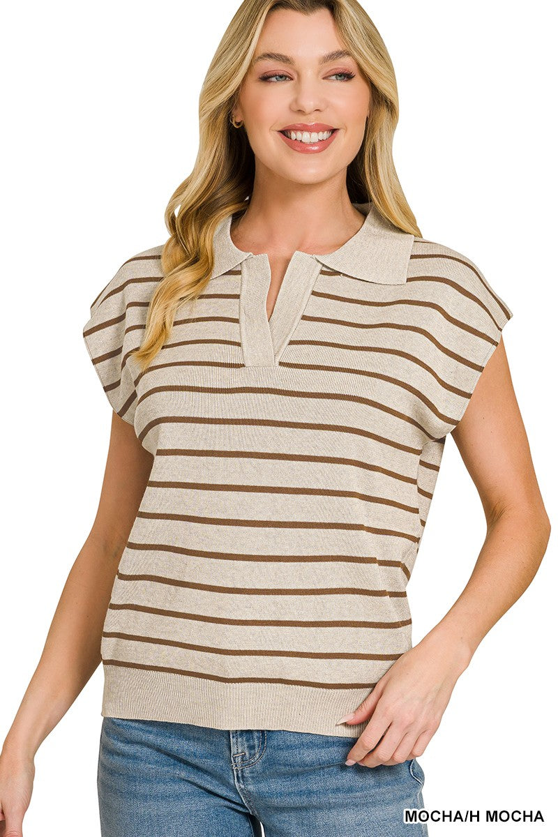 Zenana Mocha Viscose Striped Collared Sweater Vest MOCHA H MOCHA