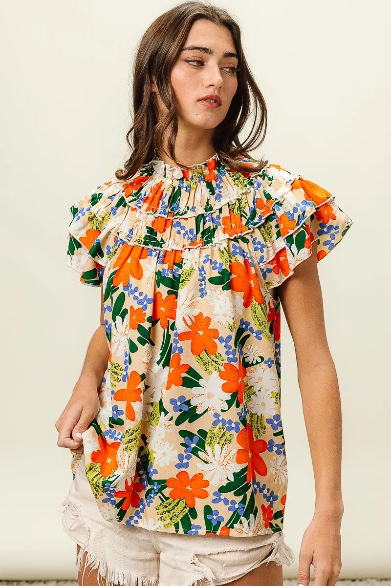BiBi Cream & Multi Color Floral Print Woven Ruffle Sleeve Blouse