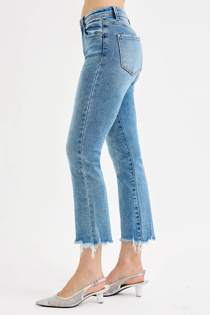 RISEN Medium Washed High Rise Frayed Hem Crop Straight Slim Jeans