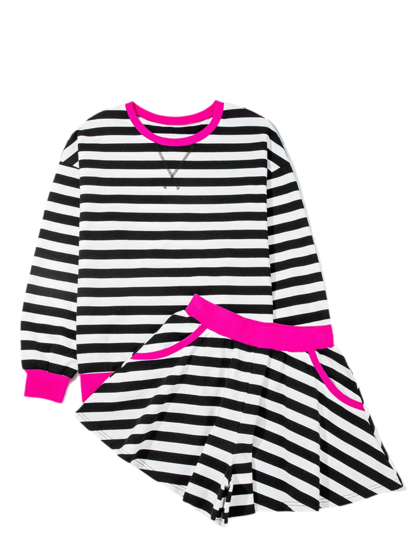 Preorder Black & White Stripe Contrast Ribbed Banding Long Sleeve Blouse and Loose Shorts Set