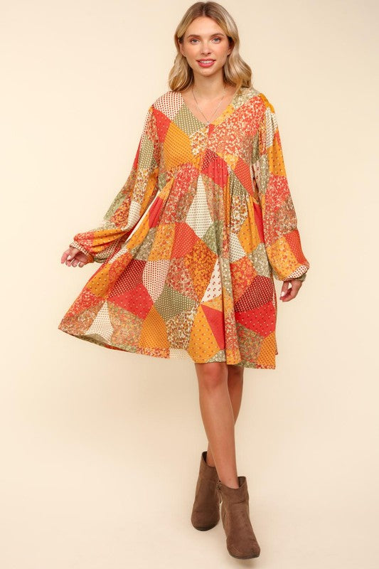 Haptics Fall Waffle Textured Patchwork Babydoll Dress