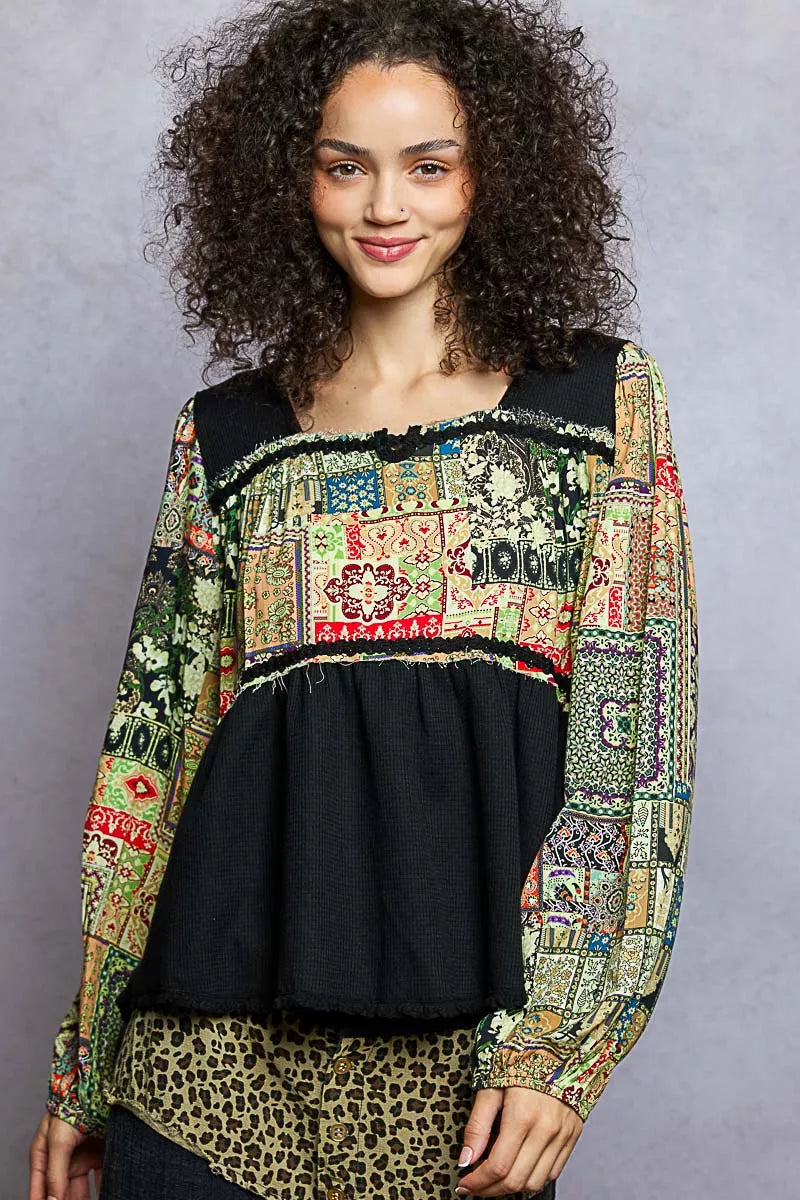 POL Black Balloon Sleeve Peplum Blouse with Trim Detail