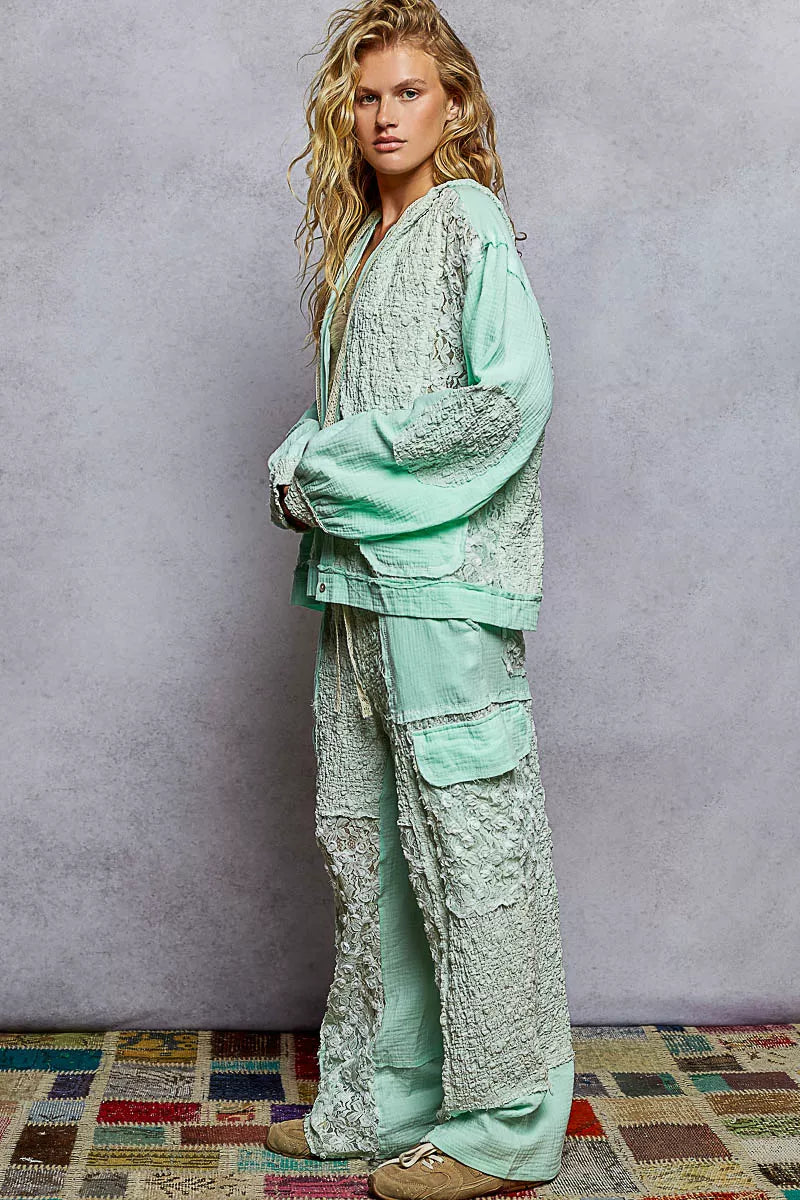 POL Pale Mint Exposed Seam Button Down Hooded Jacket with Lace Detail