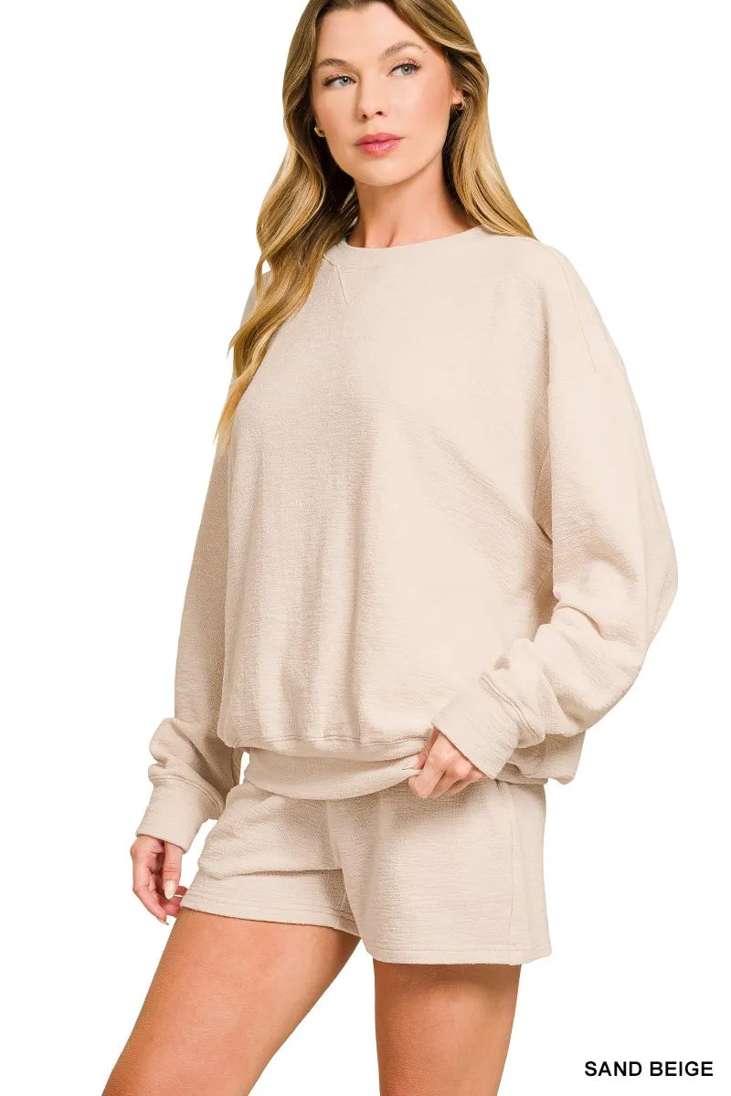 Zenana Sand Beige Slub Long Sleeve Top and Shorts Set SAND BEIGE