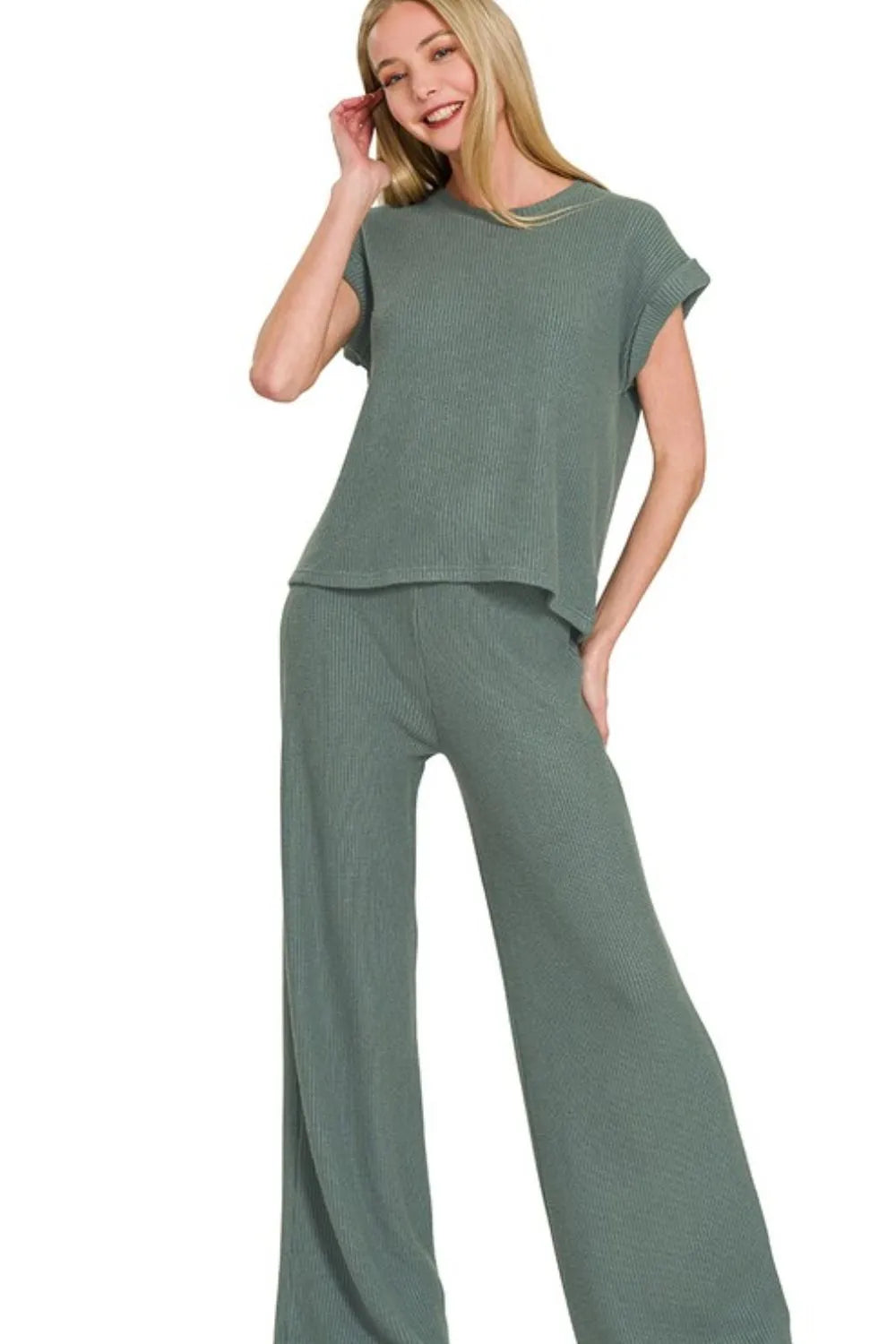 Zenana Ash Jade Rolled Sleeve Top and Pants Sweater Set ASH JADE