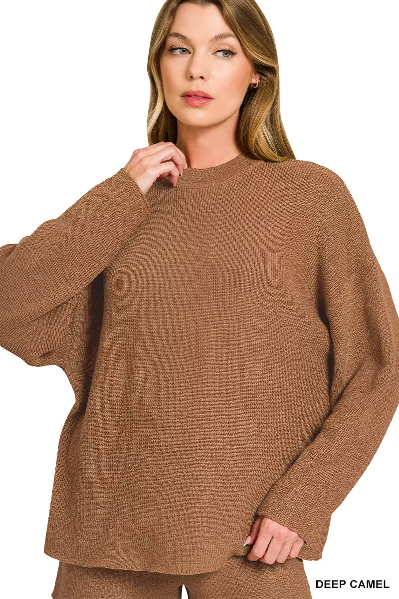 Zenana Deep Camel Round Neck Knit Top and Shorts Sweater Set